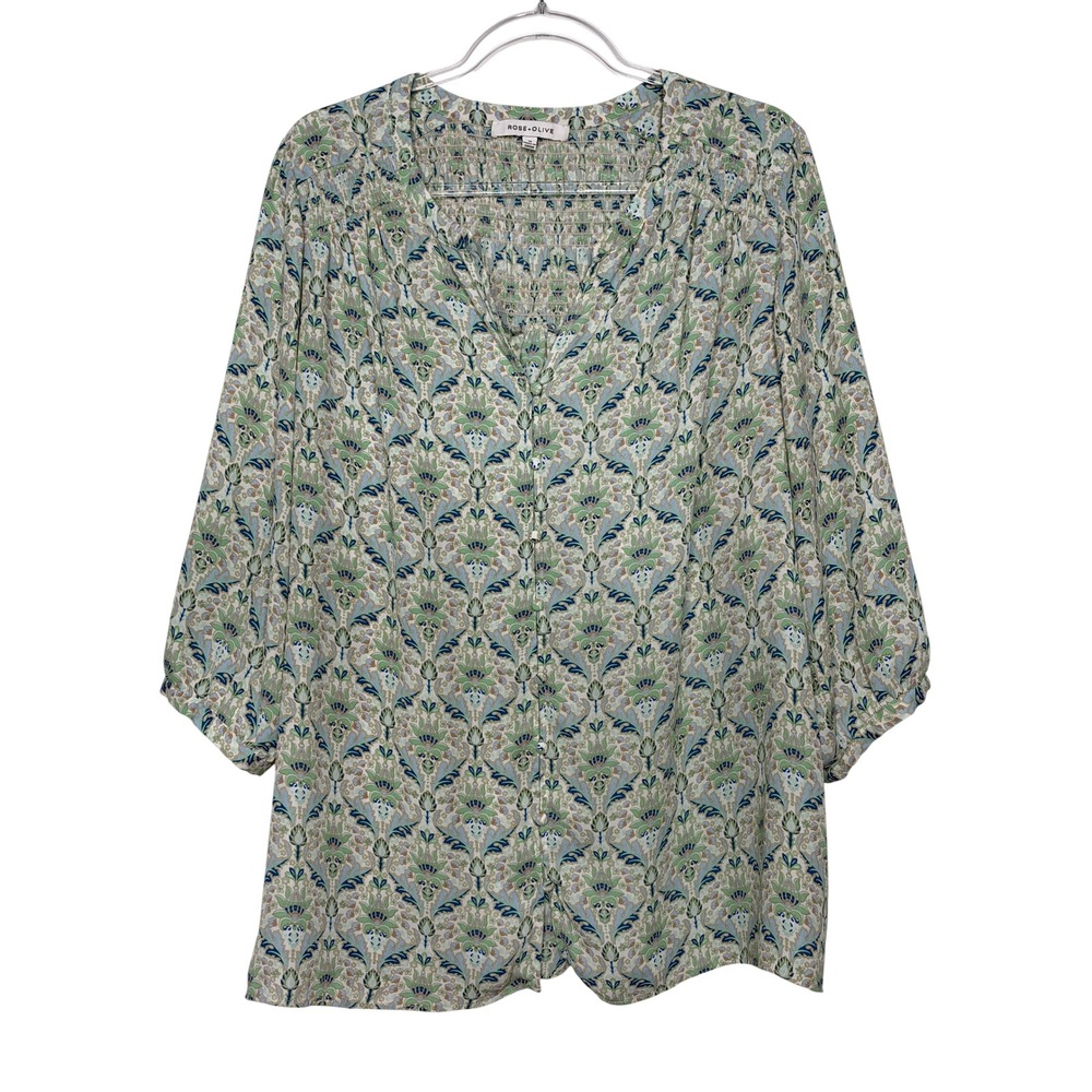 Rose + Olive Tunic Top 1X Green Damask Floral Smocked Yoke 3/4 Sleeve Boho